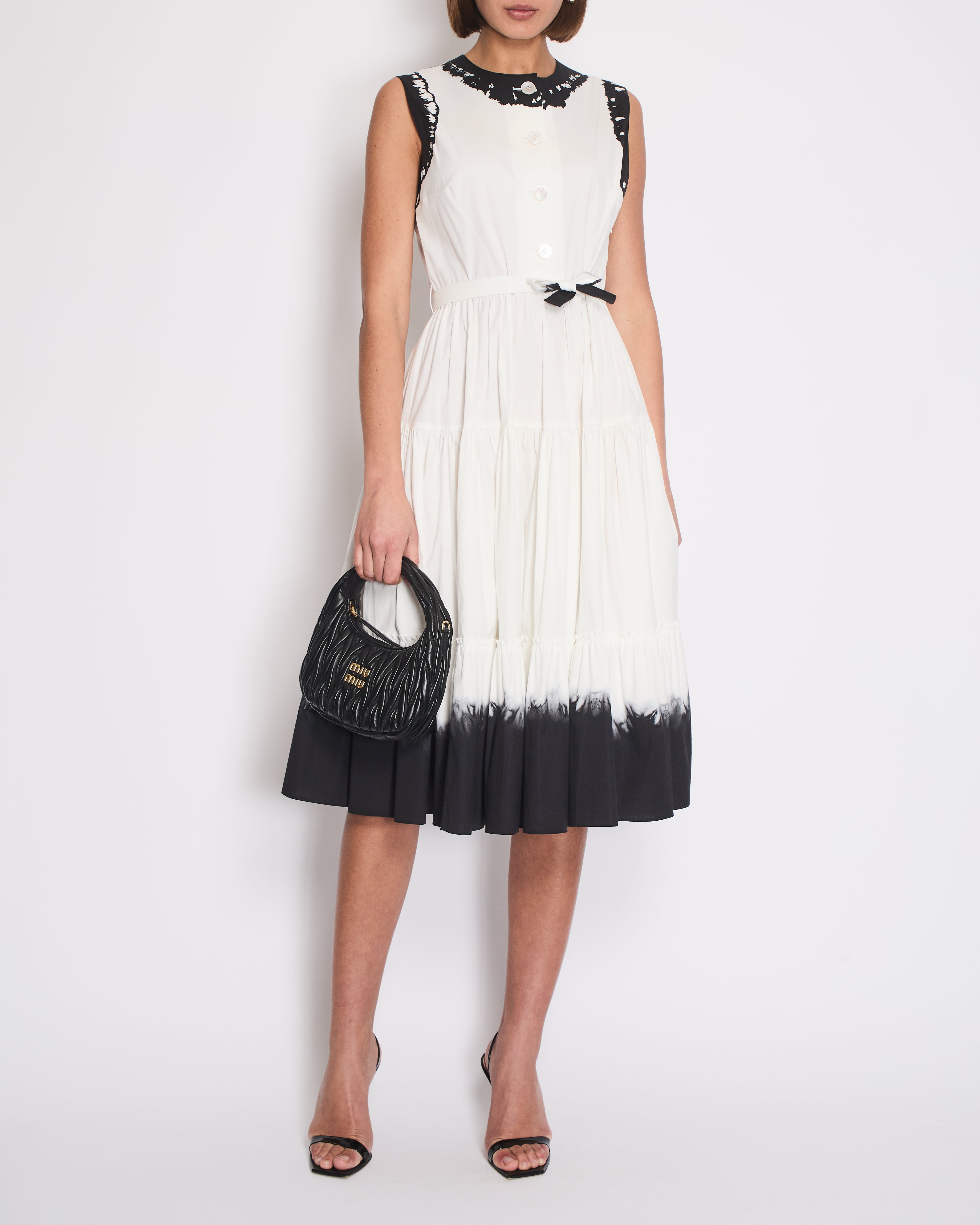 Prada White Maxi Popeline Sleeveless Belted Dress with Black Tie Dye Details Size IT 42 UK 10