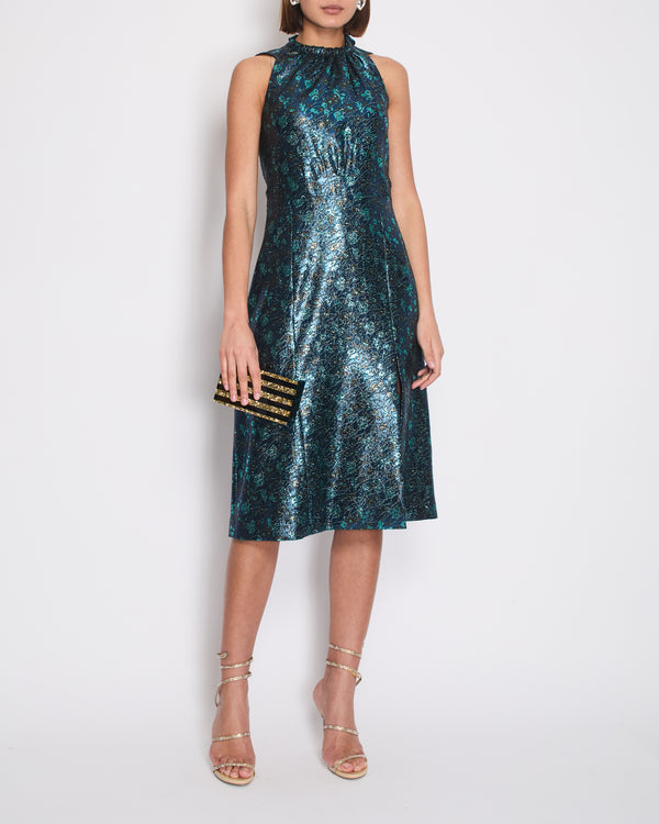 Prada Blue & Green Metallic Sleeveless Midi Dress with Floral Prints Size IT 40 (UK 8)