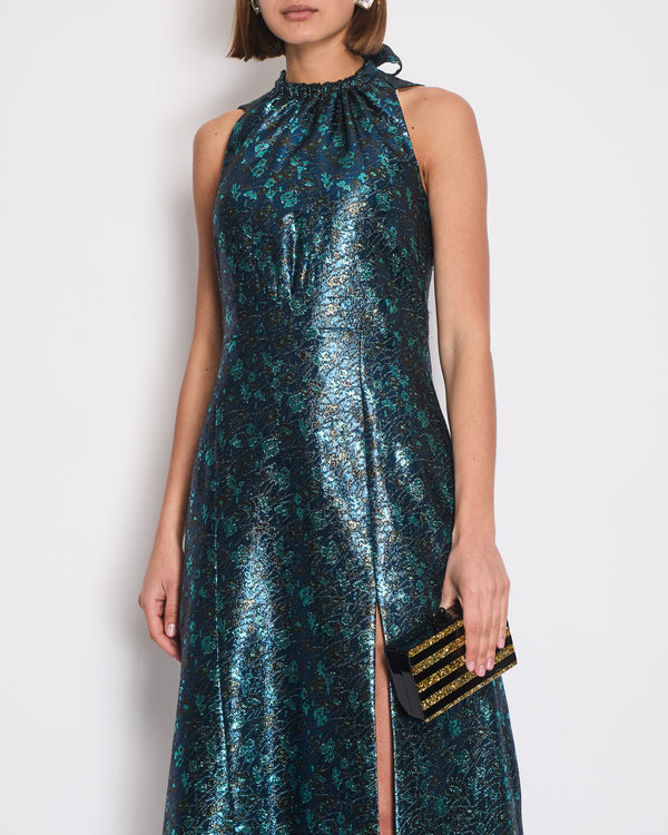 Prada Blue & Green Metallic Sleeveless Midi Dress with Floral Prints Size IT 40 (UK 8)