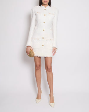 Balmain White Tweed Mini Dress with Gold Buttons and Sequin Embellishments Size FR 34 (UK 6)