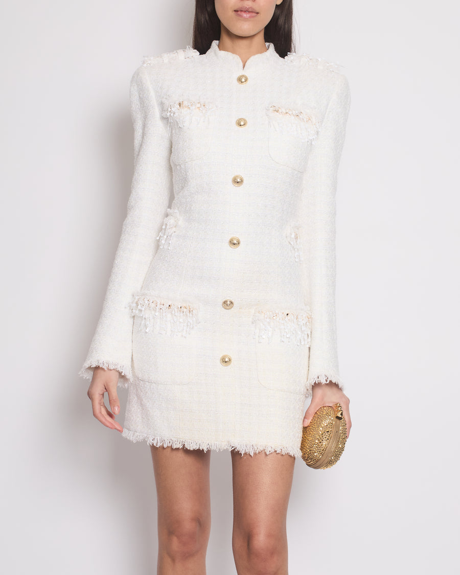 Balmain White Tweed Mini Dress with Gold Buttons and Sequin Embellishments Size FR 34 (UK 6)