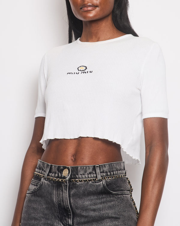 Miu Miu White Crop Top with Daisy Detail and Frill Hem Size S (UK 8)