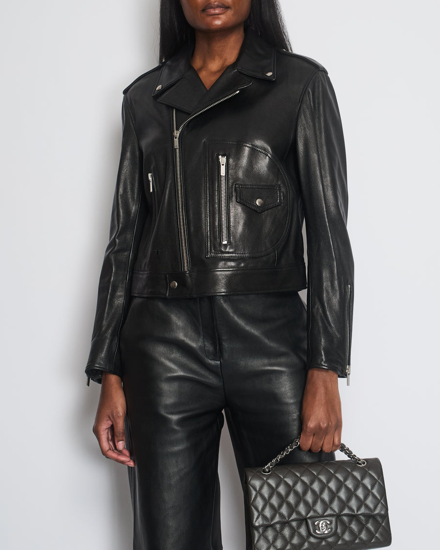 Christian Dior Black Leather Biker Jacket with Silver Zip Detail and Stitch Logo FR 40 (UK 12)