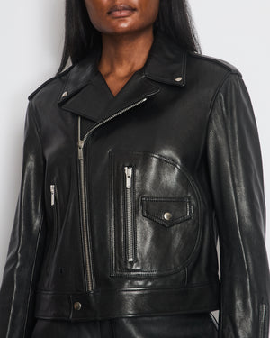 Christian Dior Black Leather Biker Jacket with Silver Zip Detail and Stitch Logo FR 40 (UK 12)