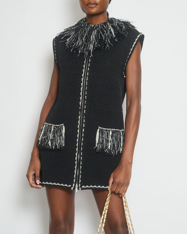 Chanel Black and White Tweed Sleeveless Gilet with Fringe Trim Detail Size FR 36 (UK 8)