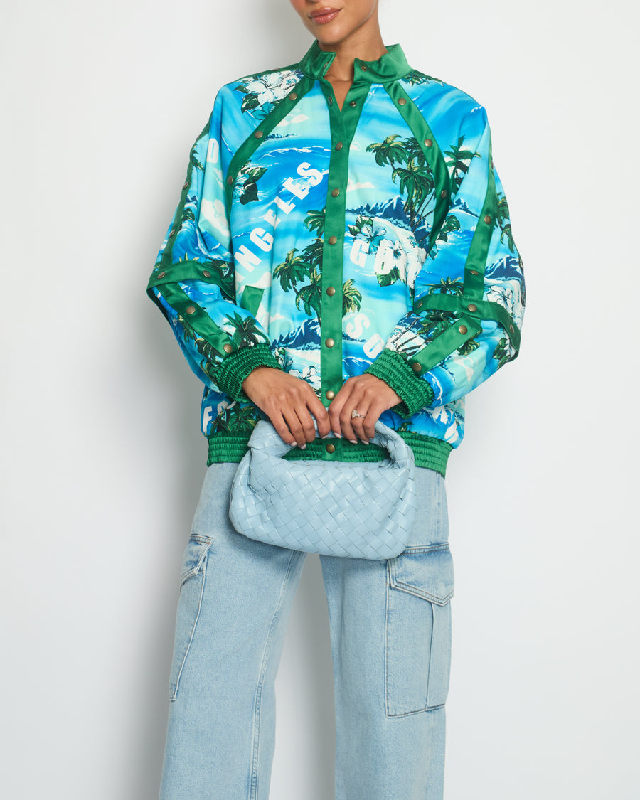 Gucci Blue & Green Palm Tree Print Bomber Jacket with Detachable Sleeve Cuff Details IT 40 (UK 8)