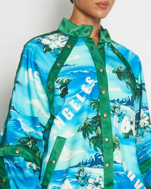 Gucci Blue & Green Palm Tree Print Bomber Jacket with Detachable Sleeve Cuff Details IT 40 (UK 8)