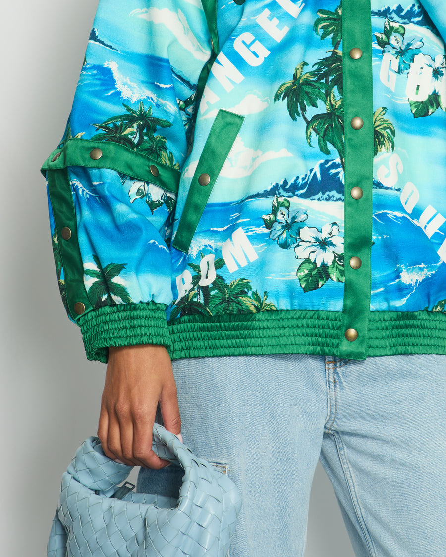 Gucci Blue & Green Palm Tree Print Bomber Jacket with Detachable Sleeve Cuff Details IT 40 (UK 8)