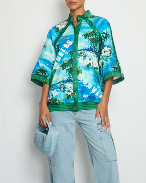 Gucci Blue & Green Palm Tree Print Bomber Jacket with Detachable Sleeve Cuff Details IT 40 (UK 8)