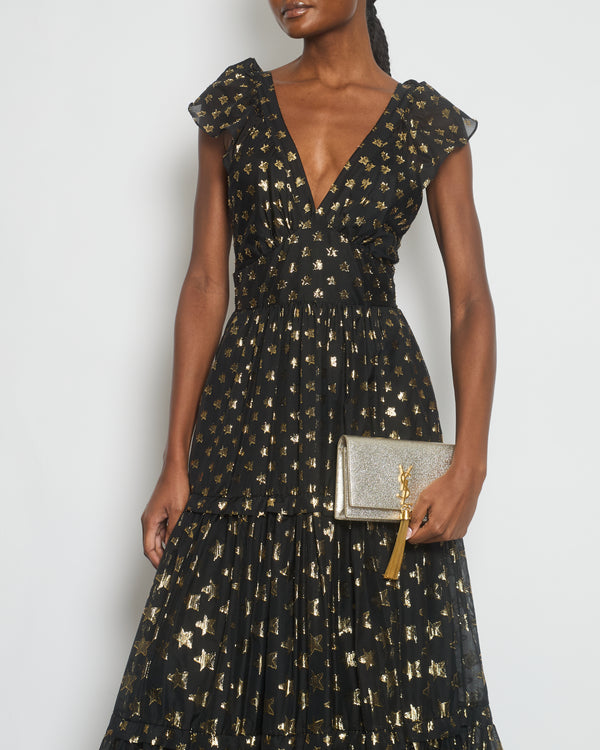 Temperely Black, Gold Metallic Star Print Maxi Tiered Dress Size FR 38 (UK 10)