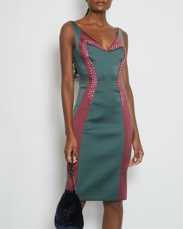 Prada Green Bodycon V-Neck Panelled Strap Dress with Bow Crystal Front Detail Size IT 42 (UK 10)