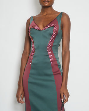 Prada Green Bodycon V-Neck Panelled Strap Dress with Bow Crystal Front Detail Size IT 42 (UK 10)