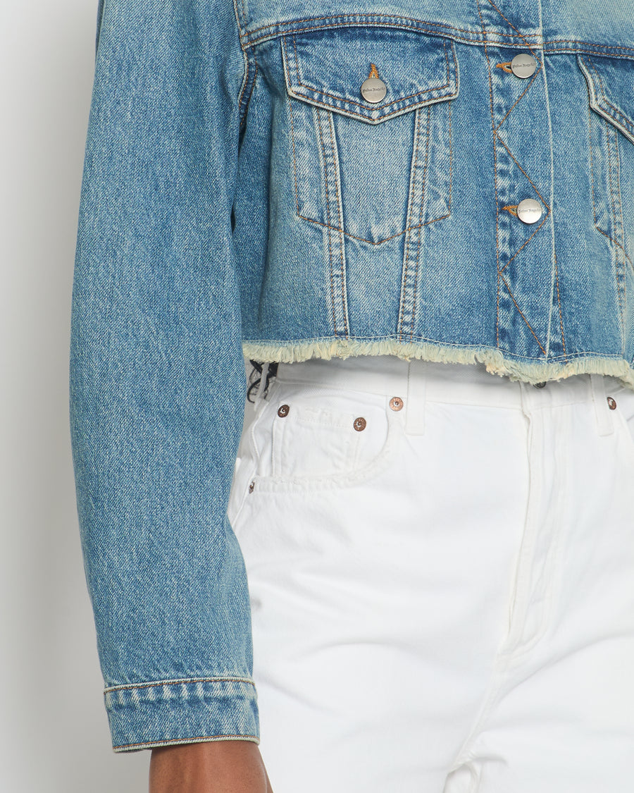 Palm Angels Blue Denim Cropped Jacket with Frayed Edges Size FR 36 (UK 8)