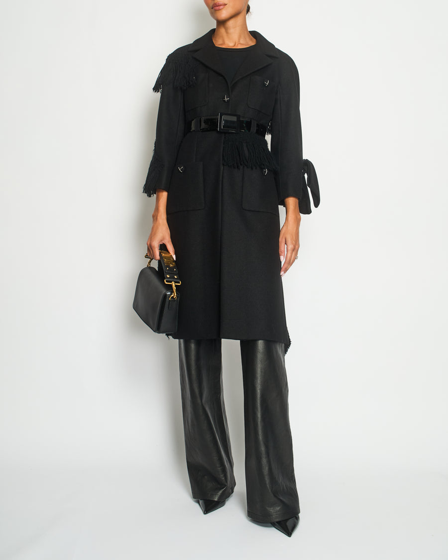 Chanel Black Wool Tweed-Panelled Coat with Fringes, Bow and Patent Leather Belt Detail Size FR 36 (UK 8)