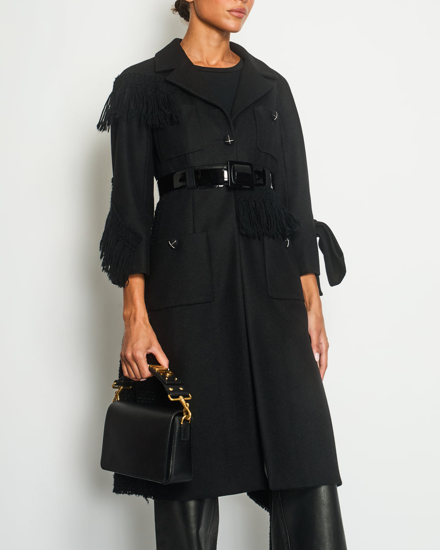 Chanel Black Wool Tweed-Panelled Coat with Fringes, Bow and Patent Leather Belt Detail Size FR 36 (UK 8)