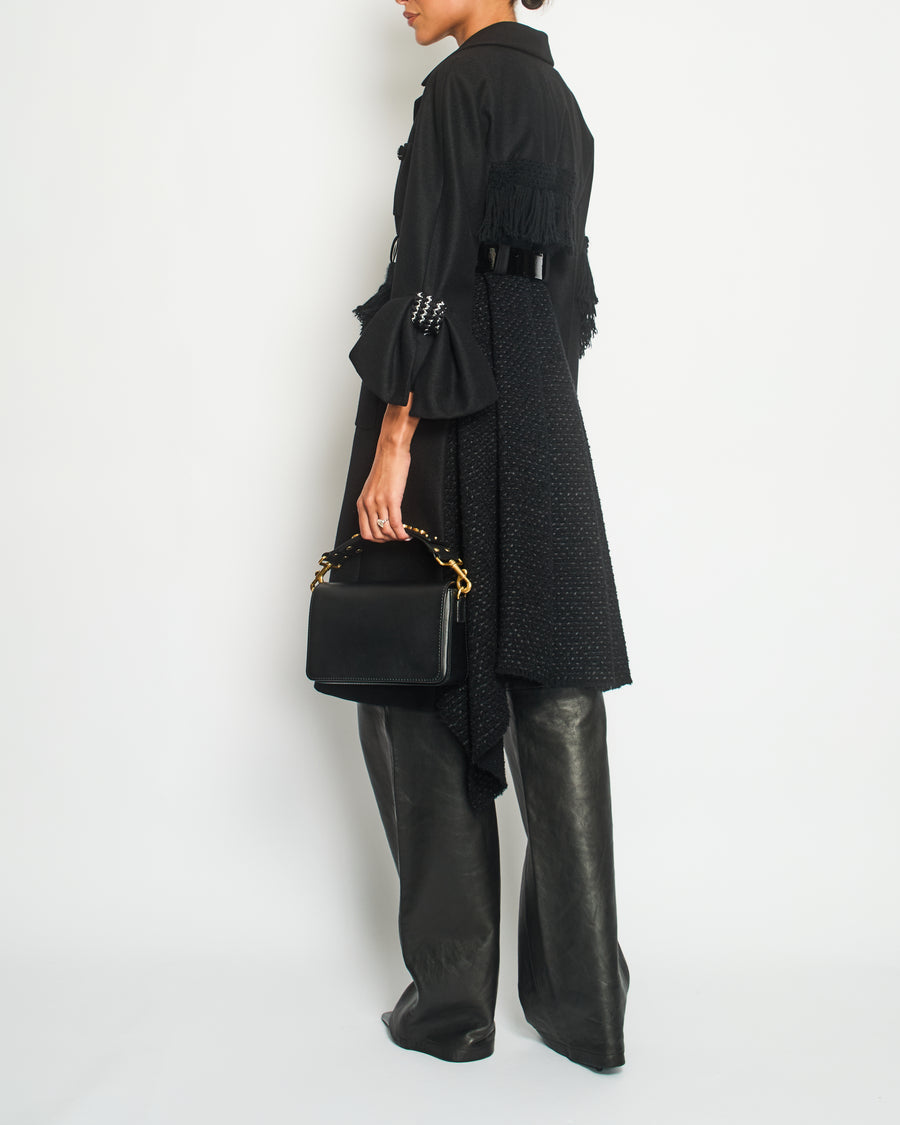 Chanel Black Wool Tweed-Panelled Coat with Fringes, Bow and Patent Leather Belt Detail Size FR 36 (UK 8)