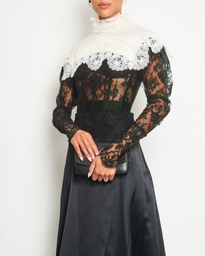 Dolce & Gabbana Black Mesh Long-Sleeve White Lace and Silk Collar Corset Top with Crystal Button Details Size IT 40 (UK 8)