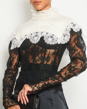 Dolce & Gabbana Black Mesh Long-Sleeve White Lace and Silk Collar Corset Top with Crystal Button Details Size IT 40 (UK 8)