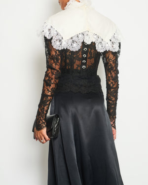 Dolce & Gabbana Black Mesh Long-Sleeve White Lace and Silk Collar Corset Top with Crystal Button Details Size IT 40 (UK 8)