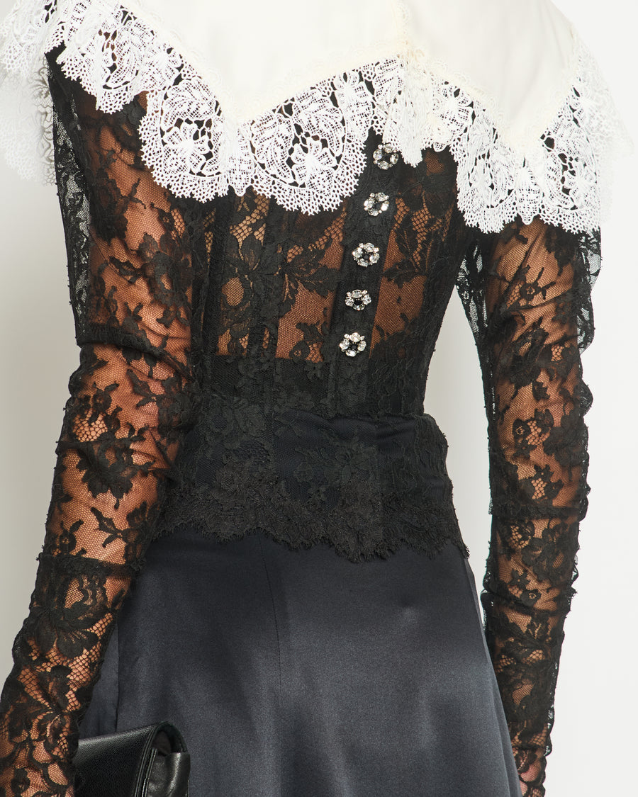 Dolce & Gabbana Black Mesh Long-Sleeve White Lace and Silk Collar Corset Top with Crystal Button Details Size IT 40 (UK 8)