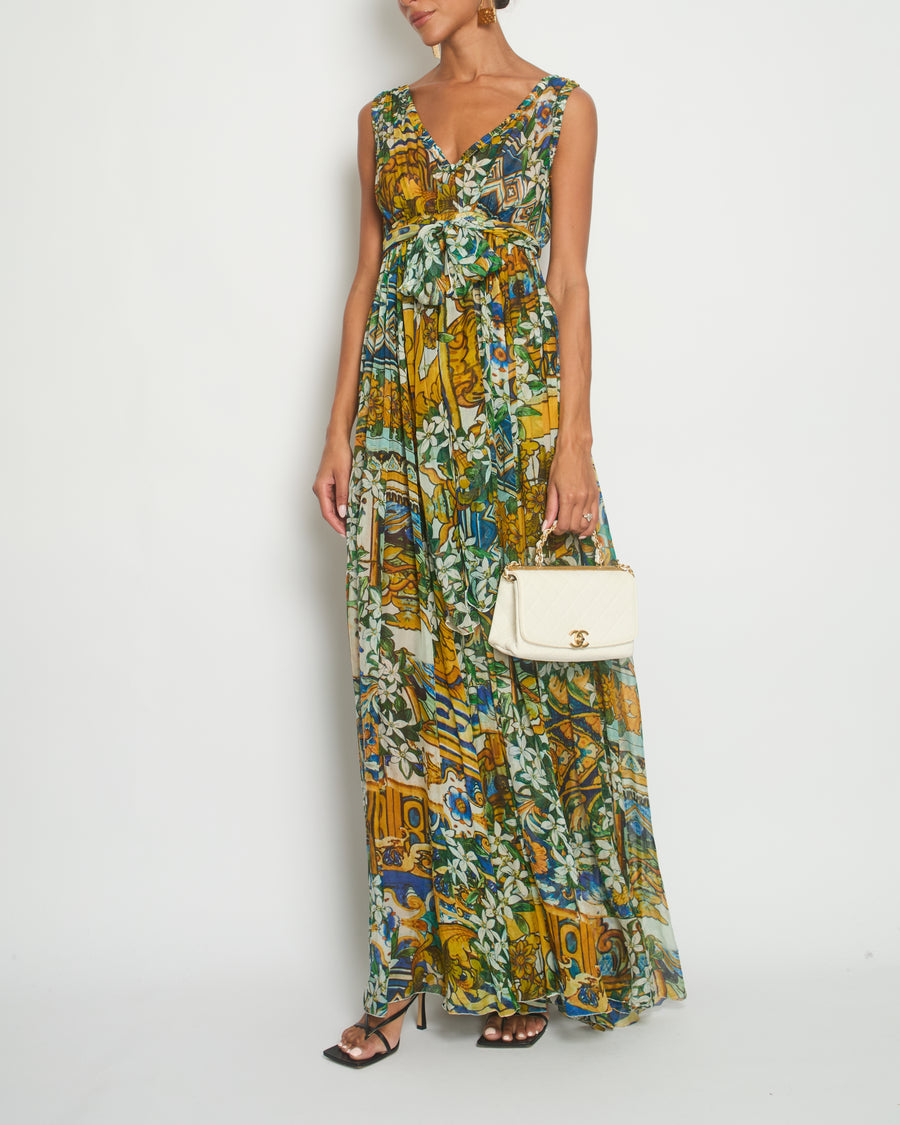 Dolce & Gabbana Multicolour Floral Silk Maxi Dress with Belt Size IT 40 (UK 8)