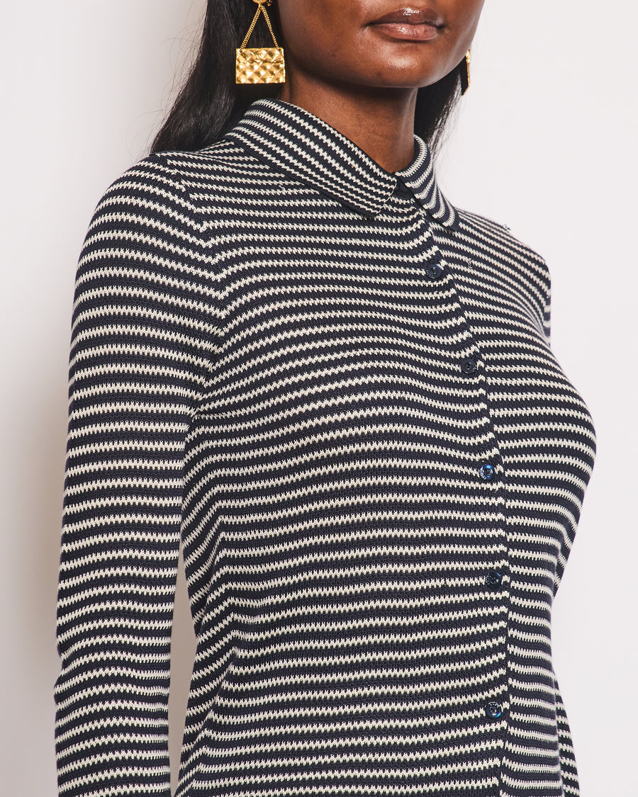 Christian Dior Navy Striped Silk Cardigan Top with Collar Detail Size FR 36 (UK 8)