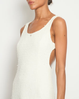 Chanel 23M White Tweed Strapless Mini Dress with CC Crystal Logo Size FR 36 (UK 8) £2900