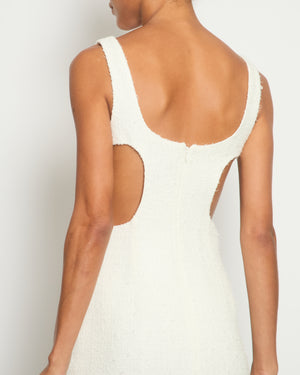 Chanel 23M White Tweed Strapless Mini Dress with CC Crystal Logo Size FR 36 (UK 8) £2900