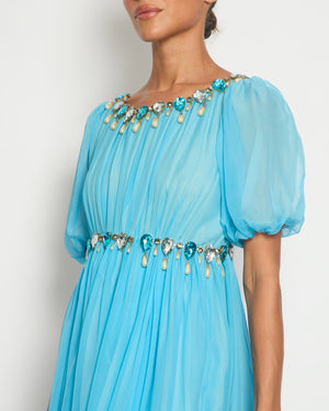 Dolce & Gabbana Light Blue Silk Mini Dress with Crystal and Pearl Pendants Size IT 42 (UK 10)