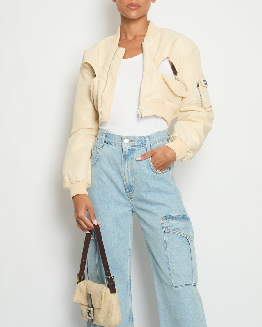 Coperni Vanilla Beige Cut-Out Cropped Bomber Jacket with Logo Size FR 36 (UK 8)