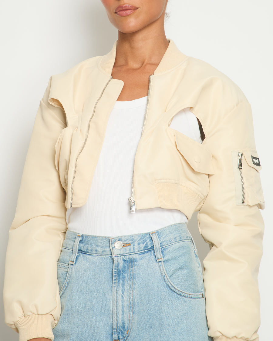 Coperni Vanilla Beige Cut-Out Cropped Bomber Jacket with Logo Size FR 36 (UK 8)