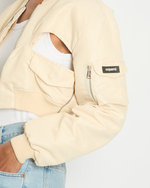 Coperni Vanilla Beige Cut-Out Cropped Bomber Jacket with Logo Size FR 36 (UK 8)