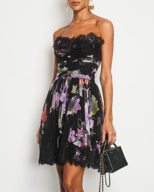 Dolce & Gabbana Black and Purple Floral Silk Corset Bandeau Dress with Lace Details Size IT 38 (UK 6)