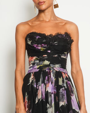 Dolce & Gabbana Black and Purple Floral Silk Corset Bandeau Dress with Lace Details Size IT 38 (UK 6)