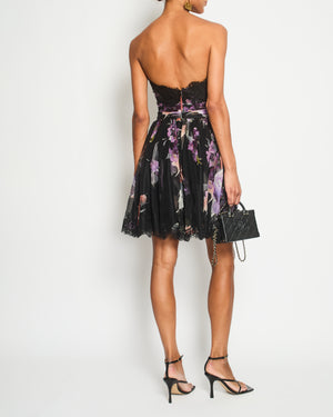 Dolce & Gabbana Black and Purple Floral Silk Corset Bandeau Dress with Lace Details Size IT 38 (UK 6)