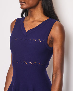 Alaïa Navy Sleeveless Knit A-Line Dress with V-Neckline and Zig-Zag Detail Size FR 42 (UK 14)