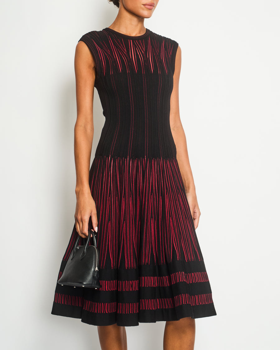 Alaia Black and Red Stripe Knit Sleeveless A-Line Midi Dress with Round Neckline Size IT 40 (UK 8)