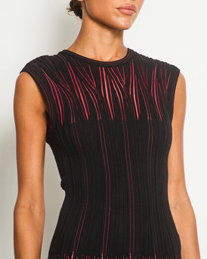 Alaia Black and Red Stripe Knit Sleeveless A-Line Midi Dress with Round Neckline Size IT 40 (UK 8)