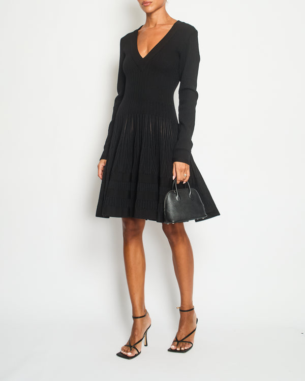 Alaia Black Long Sleeve Rib Knit A-Line Dress with V-Neckline Size IT 40 (UK 8)