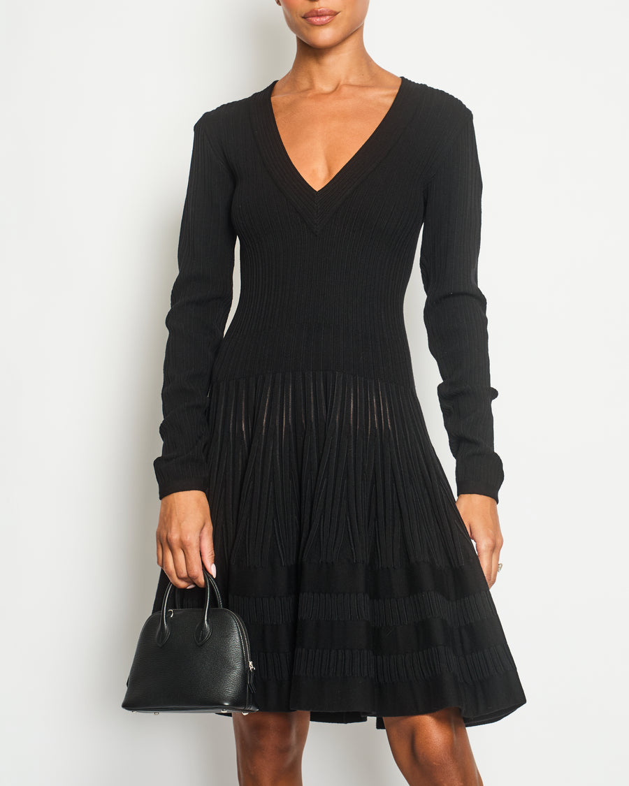 Alaia Black Long Sleeve Rib Knit A-Line Dress with V-Neckline Size IT 40 (UK 8)