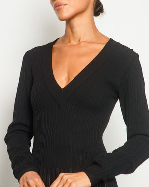 Alaia Black Long Sleeve Rib Knit A-Line Dress with V-Neckline Size IT 40 (UK 8)