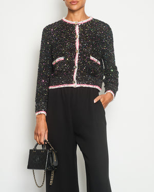 *SUPER HOT* Chanel 24 Black & Multicolour Sequin Cardigan with Pink & White Threads and CC Iridescent Logo Buttons Detail Size FR 36 (UK 8) RRP £5400