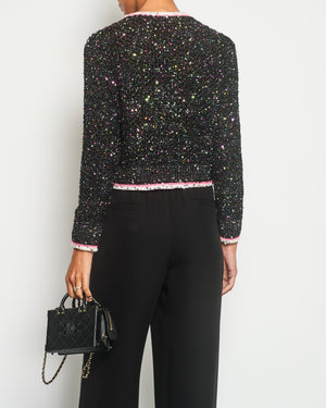 *SUPER HOT* Chanel 24 Black & Multicolour Sequin Cardigan with Pink & White Threads and CC Iridescent Logo Buttons Detail Size FR 36 (UK 8) RRP £5400