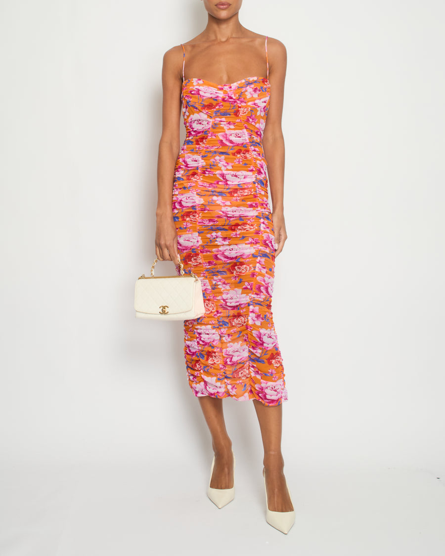 Magda Butrym Orange, Pink and Blue Floral Mesh Midi Dress with Ruching Size FR 36 (UK 8)