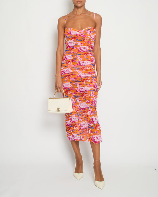 Magda Butrym Orange, Pink and Blue Floral Mesh Midi Dress with Ruching Size FR 36 (UK 8)