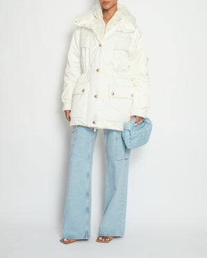 Chanel 22N White Puffer Coat with Tweed Insert and CC Button Detail Detail Size FR 36 (UK 8)