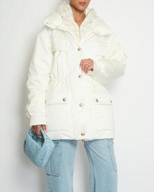 Chanel 22N White Puffer Coat with Tweed Insert and CC Button Detail Detail Size FR 36 (UK 8)