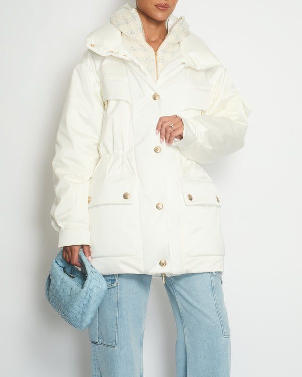 Chanel 22N White Puffer Coat with Tweed Insert and CC Button Detail Detail Size FR 36 (UK 8)