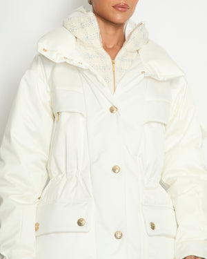 Chanel 22N White Puffer Coat with Tweed Insert and CC Button Detail Detail Size FR 36 (UK 8)