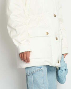 Chanel 22N White Puffer Coat with Tweed Insert and CC Button Detail Detail Size FR 36 (UK 8)